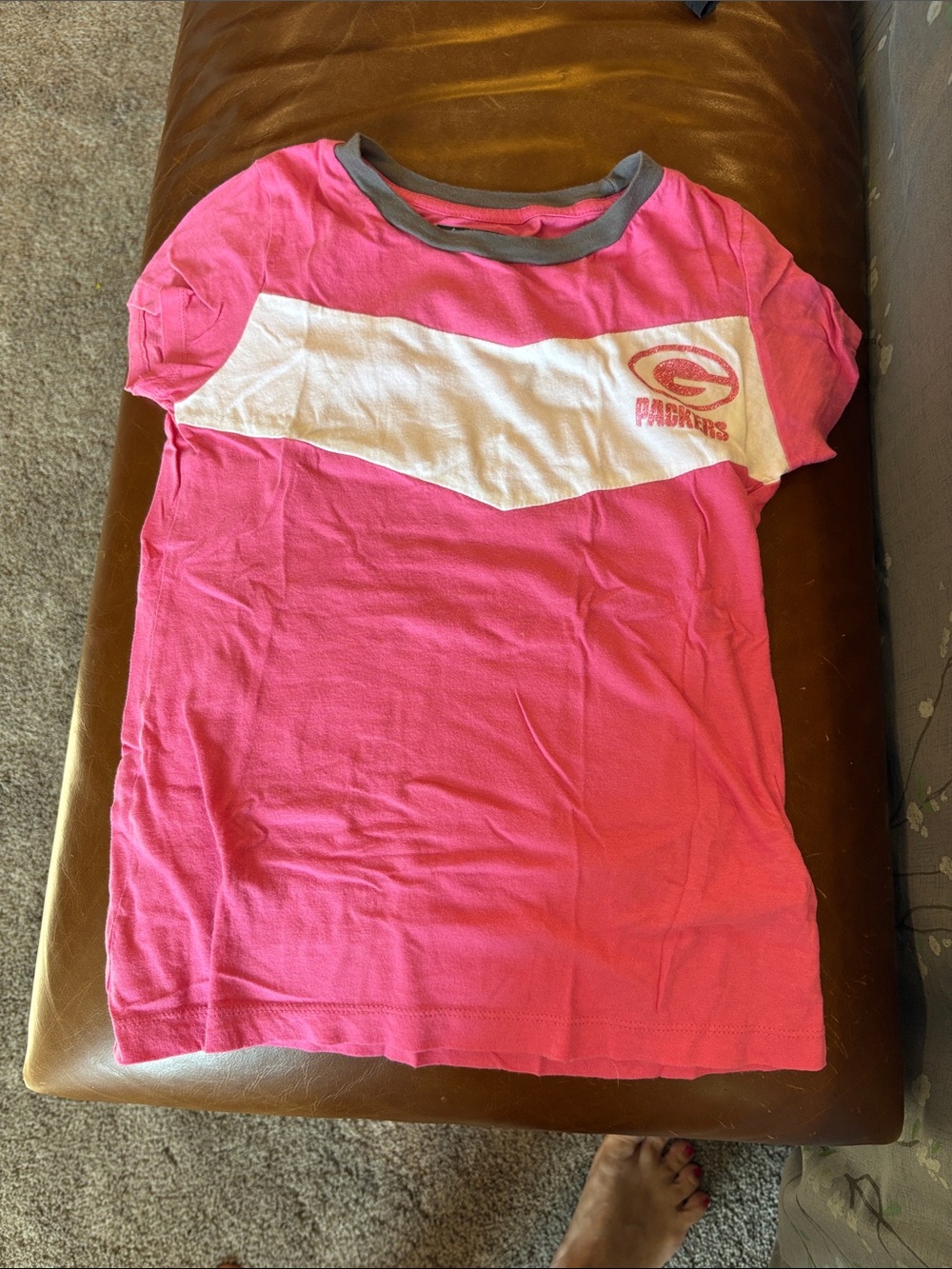 Kids Pink Short Sleeve Tee with White Chevron and Gray Neck Trim